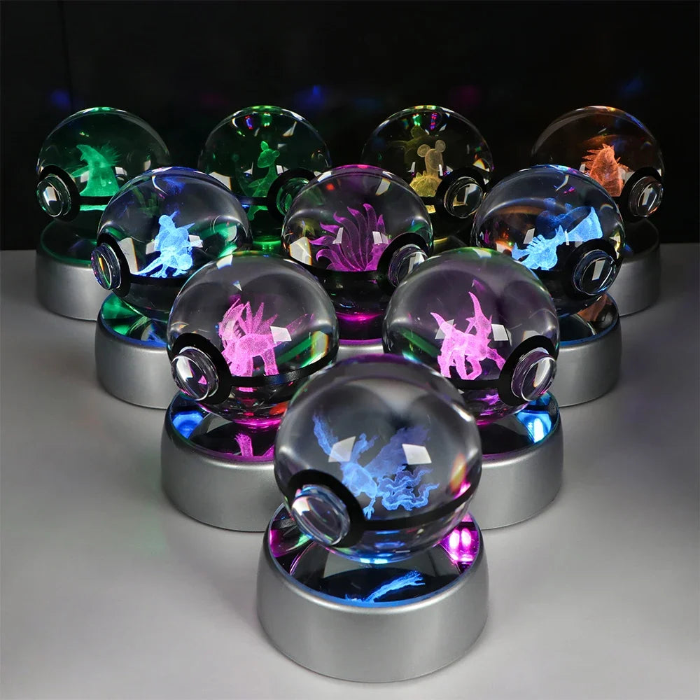 Pokemon Crystal Ball Pikachu Gengar Eevee Mewtwo Lacario Anime Game Pokeball Led Night Light Base Kids Birthday Gift Home Decor