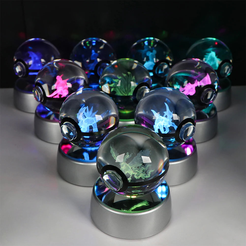 Pokemon Crystal Ball Pikachu Gengar Eevee Mewtwo Lacario Anime Game Pokeball Led Night Light Base Kids Birthday Gift Home Decor