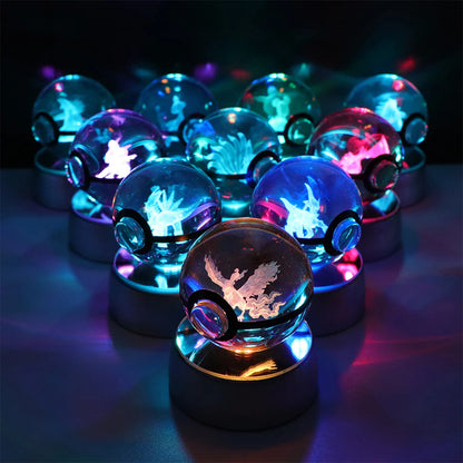 Pokemon Crystal Ball Pikachu Gengar Eevee Mewtwo Lacario Anime Game Pokeball Led Night Light Base Kids Birthday Gift Home Decor