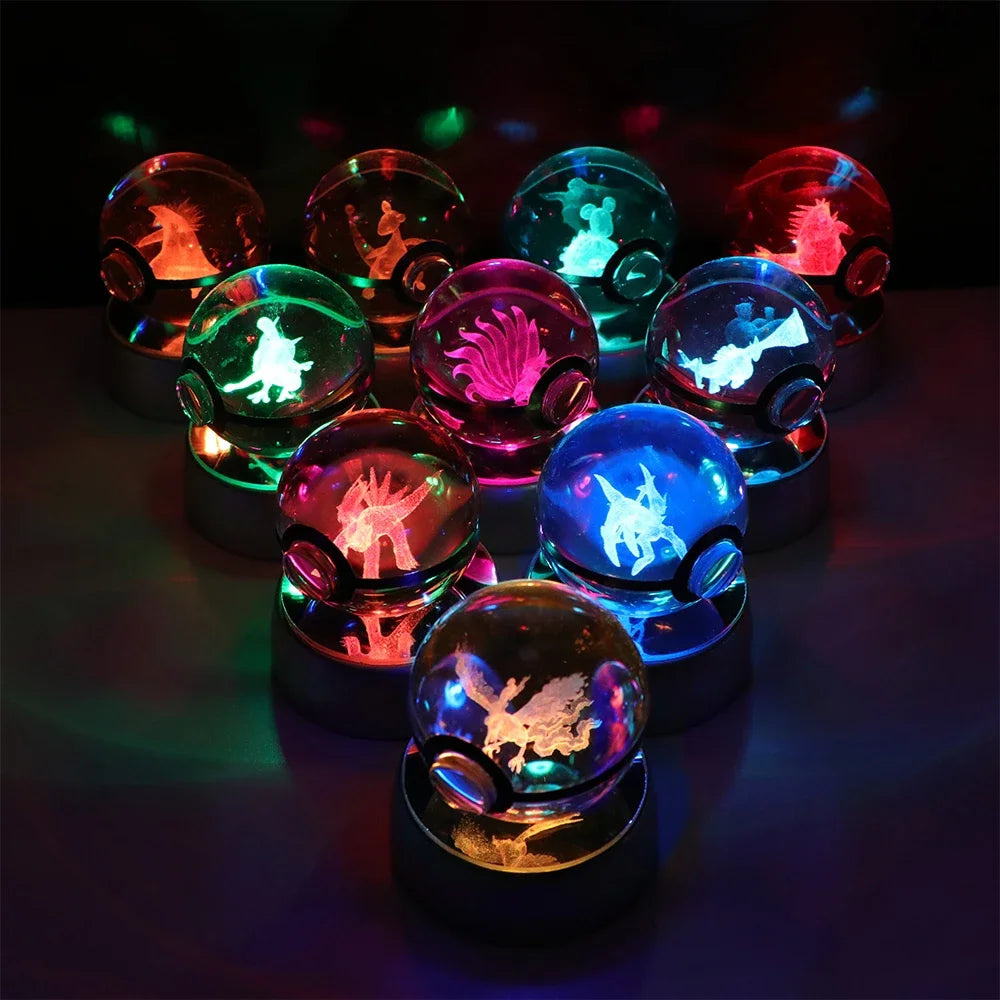 Pokemon Crystal Ball Pikachu Gengar Eevee Mewtwo Lacario Anime Game Pokeball Led Night Light Base Kids Birthday Gift Home Decor